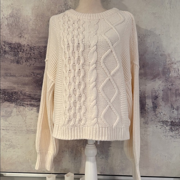FREE PEOPLE Cozy Cream Cable Crew Neck Knit Sweater Size Large - Picture 2 of 6